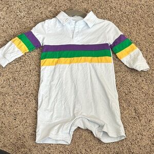 Mardi Gras White Baby Romper Shortall with Purple, Green & Yellow Stripes